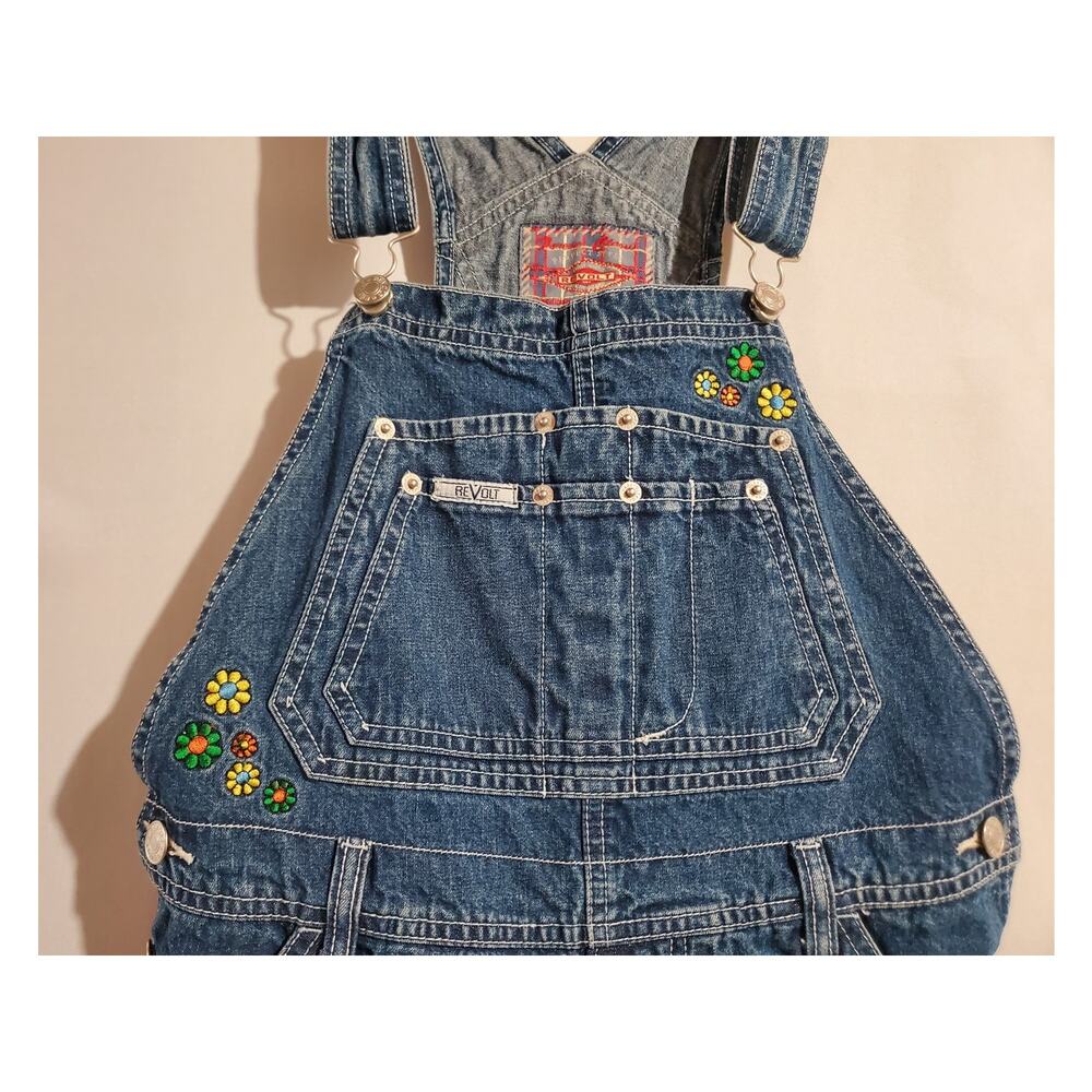Vtg Revolt 90s Y2K Embroidered Daisy Denim Bib Shortalls Size L Hippie Overalls - Picture 3 of 9